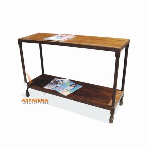 MR TB 04 Console Table with Iron Frame and Wheel in Teak Wood Top 120x40x80